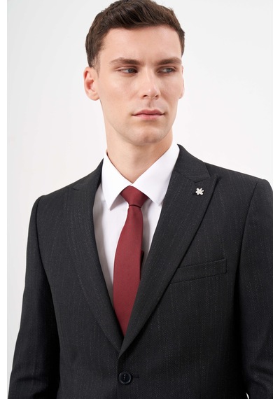 Morven Erkek Siyah Poliviskon Trend Desenli Slim Fit Sivri Yaka Takım Elbise 25mc001002001 Siyah