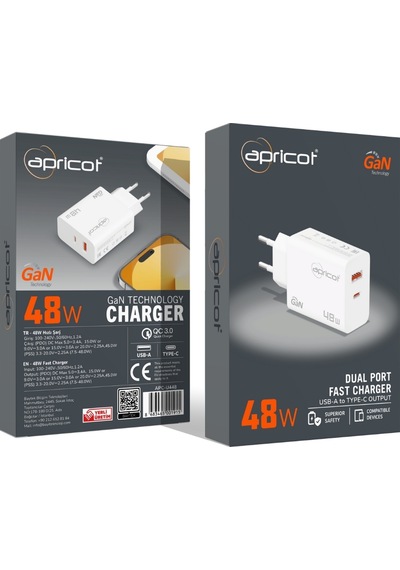 Apricot Apc-u448 48w Gan Beyaz Hızlı Ev Şarj Adaptörü Şarj Cihazı