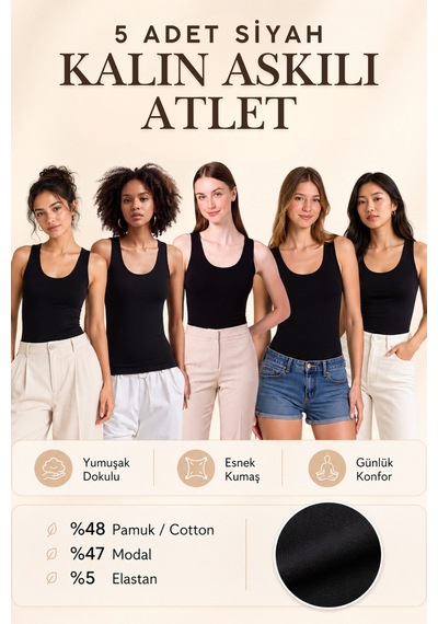 Loule Kadın 5'li Kalın Askılı Atlet Siyah Pamuklu