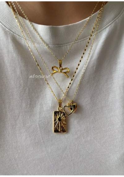 3'lü Kurdele Gold Charm Kadın Kolye Kombin Sarı Sarı