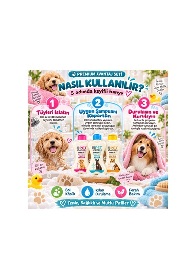 Köpek Şampuan Seti 3x400 Ml Yavru, Normal Ve Uzun Tüylü Köpekler İçin Premium Bakım Paketi