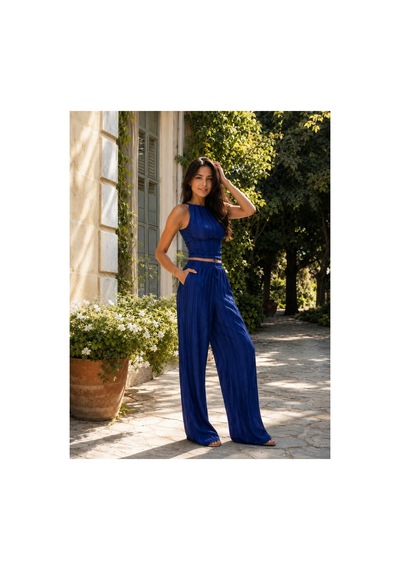 Unika Boutique Crop Pantolon Takım Kadın Şık Yazlık Fitilli Lacivert