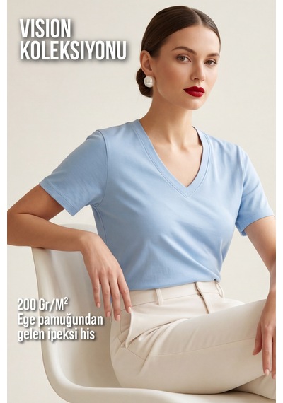 Goffra Kadın Vision V Yaka Premium Kalite Yoğun Dokulu Pamuklu T-shirt Açık Mavi W102-r0220-04