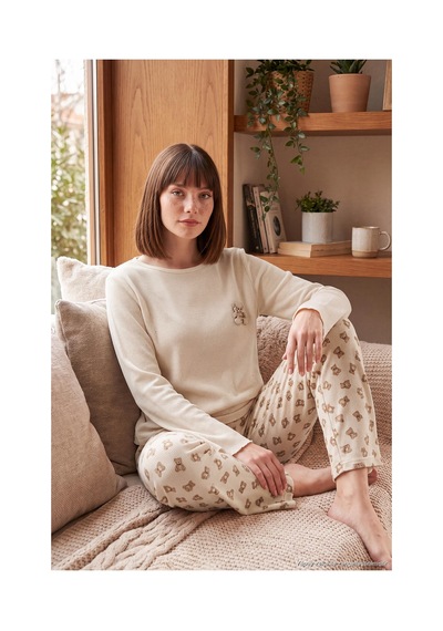 Lela Yumuşak Dokulu Desenli Uzun Kollu Pijama Takımı Kadın Pijama Takımı 6575018 Krem