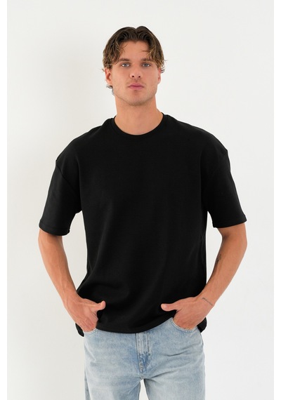 Blank Unisex Oversize Geniş Kesim Tişört %100 Pamuk Kalın Dokulu Bisiklet Yaka T-shirt Siyah