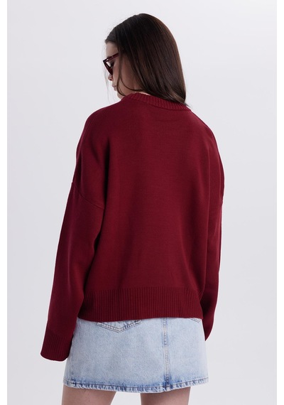 Tudors Kadın Oversize Geniş Kesim Bisiklet Yaka Bordo Kazak-41709