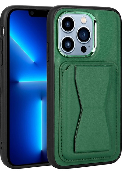 Kilifone - Apple Uyumlu iPhone 12 Pro - Kılıf Kart Bölmeli El Tutacaklı Stand Olan Pu Deri Memo Kapak - Koyu Yeşil