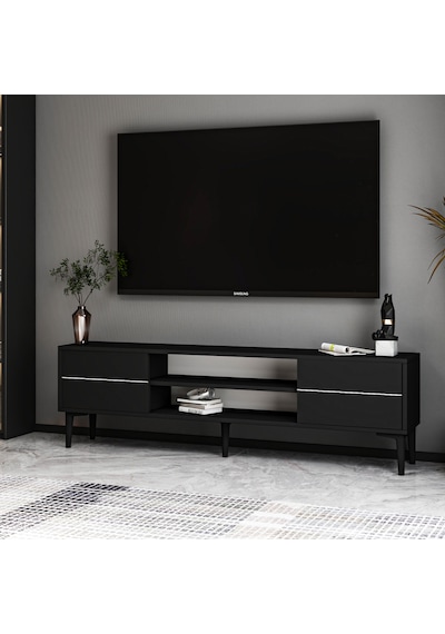 Aragon Modern Tv Sehpası 140 Cm, 2 Kapaklı + 2 Açık Raflı Tv Ünitesi - Siyah