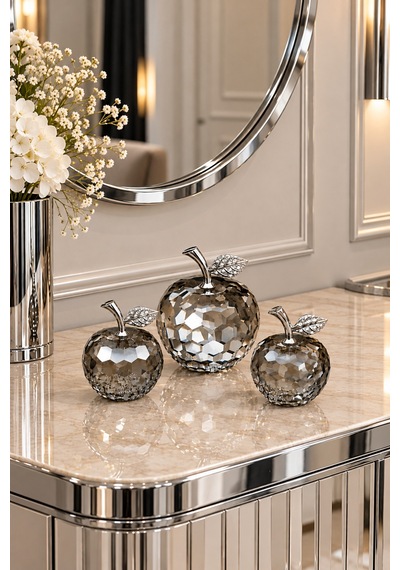 Modern 3 Lü Kristal Özel Kutulu Elma Model Süs Eşyası Obje Ev Aksesuar Gümüş