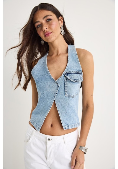 Shade Kadın Boyundan Askılı Dekolte Detaylı Denim Bluz 3433 60283271 - Buz Mavisi
