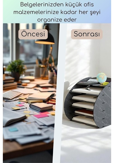 Tr Dosya Düzenleyici Masa Üstü Organizer Ahşap Evrak Rafı Siyah Mermer Renk Model 36, Eorganizer36 Genel