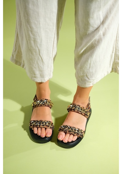 Luvishoes Loket Siyah Sarı Desenli Zincir Detaylı Kadın Sandalet Sarı - Siyah