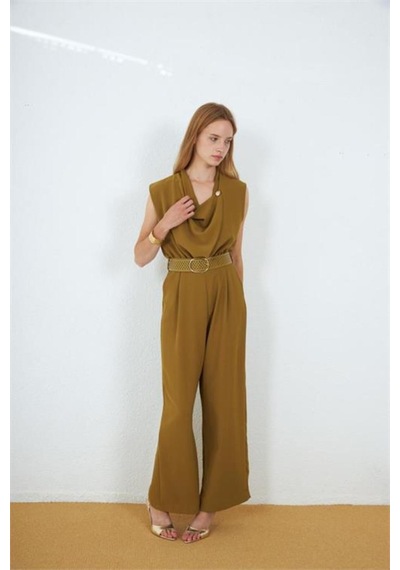 Neşeli Butik Kadın Yeşil Degaje Yaka Kemerli Kolsuz Geniş Paça Tulum Nbmy4030