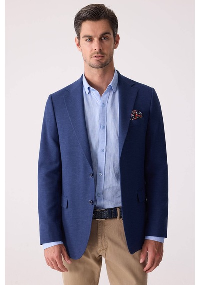 Erkek Lacivert Regular Fit Keten Karışımlı Mono Yaka Ceket