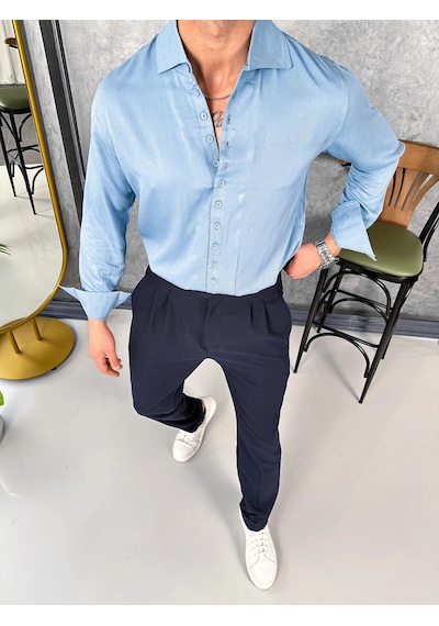 Modefendi Tensel Kumaş Pamuk Dokulu Kayık Yaka Extra Regular Fit Çok Düğme Detaylı Gömlek Mavi Modefendi Tensel Kumaş Pamuk Dokulu Kayık Yaka Extra Regular Fit Çok Düğme Detaylı Gömlek Mavi