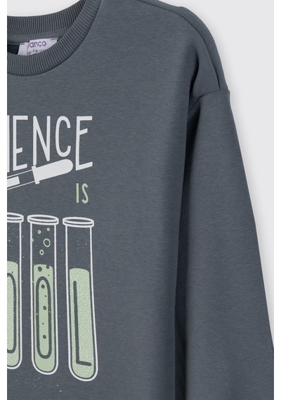 Panço Erkek Çocuk Baskılı Petrol Sweatshirt Mavi