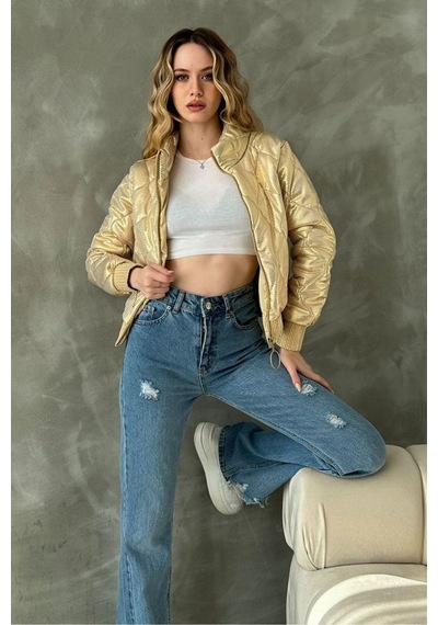 Verymoda Fermuarlı Parlak Mont F1625 Gold