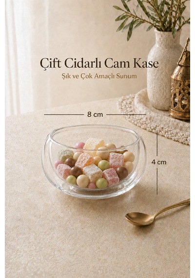 6 Adet Çift Cidarlı Cam Kase Seti Reçellik, Lokumluk, Çerezlik Ve Drajelik Şık Sunumluk 8x4 Cm Şeffaf