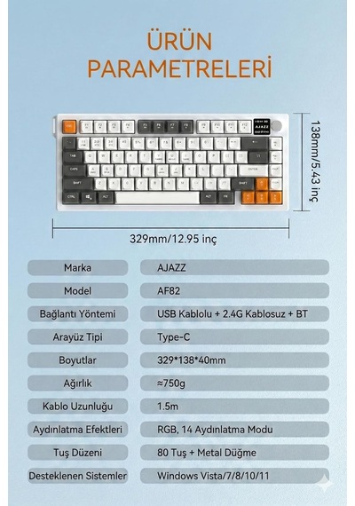 Üçlü Mod Membran Gaming Klavye,%75 Düzen, 4000mah Batarya, Rgb 14 Efekt, Tft Ekran, Type-c, Bluetooth 2.4g, Su Geçirmez, Win Uyumlu, Multimedya Düğmeli Ajazz Af82 Turuncu Beyaz - Af82 Üçlü Mod Membran Gaming Klavye,%75 Düzen, 4000mah Batarya, Rgb 14 Efekt, Tft Ekran, Type-c, Bluetooth 2.4g, Su Geçirmez, Win Uyumlu, Multimedya Düğmeli Ajazz Af82 Turuncu Beyaz - Af82