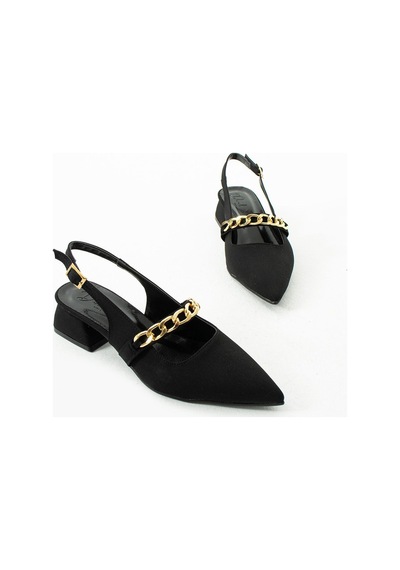 Duxal Shoes Violet Kısa Topuk Zincir Detaylı Klasik Topuklu Ayakkabı - Babet Siyah Kumaş