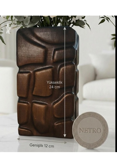 Dikdörtgen Model Dekoratif Vazo Seramik Şık Vazo El Yapımı Özel Seri 24 Cm Kahverengi