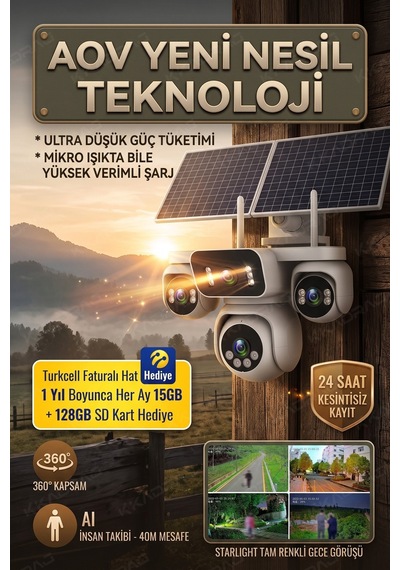 4 Kameralı Solar Panelli Güneş Enerjili Uzaktan Kontrol ,7/24 Aralıksız Kayıt, 2 Solar Panel,aı