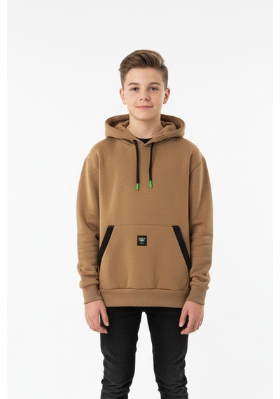 Kapüşonlu Kanguru Cepli Detaylı Şardonlu 100% Pamuk 3 İplik Erkek Çocuk Sweatshirt-90841 Kahverengi