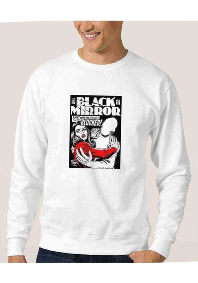 Black Mirror Blocked Baskılı Beyaz Erkek Örme Sweatshirt
