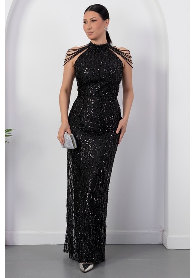 Kalopya Halter Yaka Boncuklu Tül Elbise Dns2227 Siyah