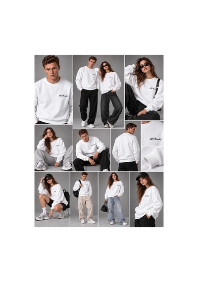 Hk Premium Sweatshirt Bisiklet Yaka Hk Premium Logolu Erkek Basic Beyaz
