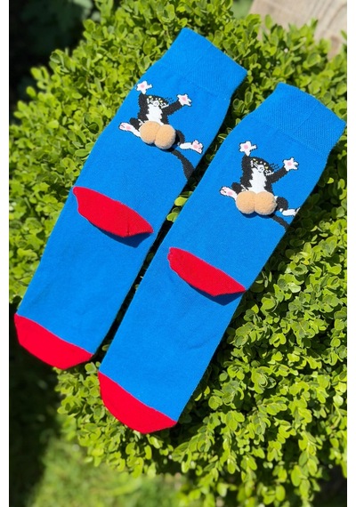 Lousocks Unisex Lacivert Sırtüstü Kedi Desenli Ponpon Soket Çorap