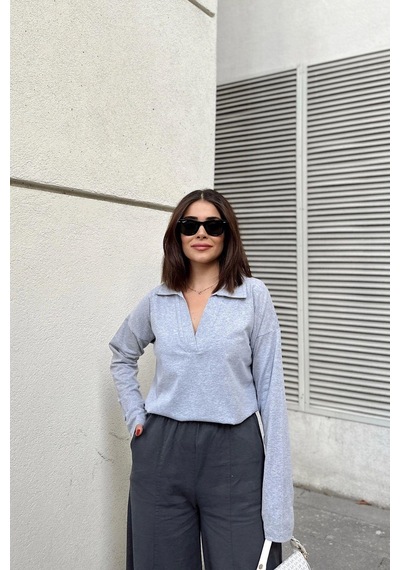 WeShaya Kadın Gri Polo Yaka Basic Bluz, Uzun Kol, Regular Kesim, Günlük Ve Spor Kaliteli Kumaş Sweatshirt Gri