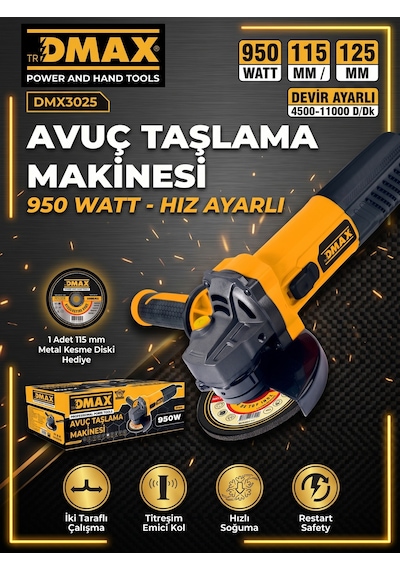Dmax 950w Avuç Taşlama Makinesi Hız Ayarlı 115/125mm