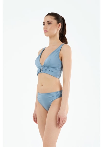 Louren Kadın Mavi Düz Boncuk Aksesuarlı Çıkarılabilir İnce Kaplı Üçgen Bikini Takımı Mavi