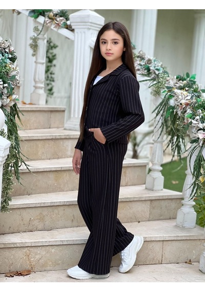 Bayramlık Kardeş Kombini Kız Erkek Çizgili Şık Takım Seti 6/16 Yaş - 31601 Siyah Badili