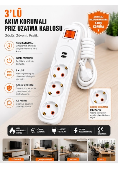 3'lü Akım Korumalı Priz Uzatma Kablosu 1,5 Metre 2 Usb Girişli, Işıklı Anahtarlı, Çocuk Korumalı Çoklu Priz 1,5 m