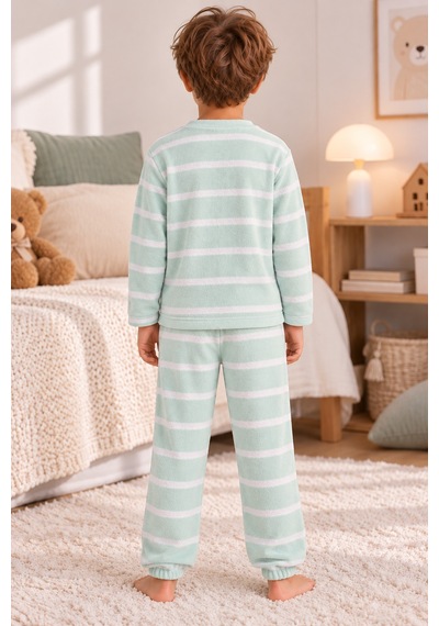 Luess Erkek Çocuk %100 Pamuk Havlu Pijama Takımı Ayıcık Baskılı Uzun Kollu Mint Yeşili Örme