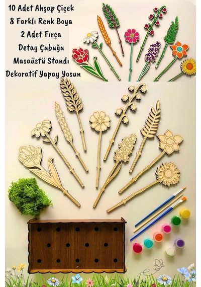 Ahşap Boyama Seti, Çiçek Desenleri, 18-20 Cm, 10 Parça 10'lu Standlı