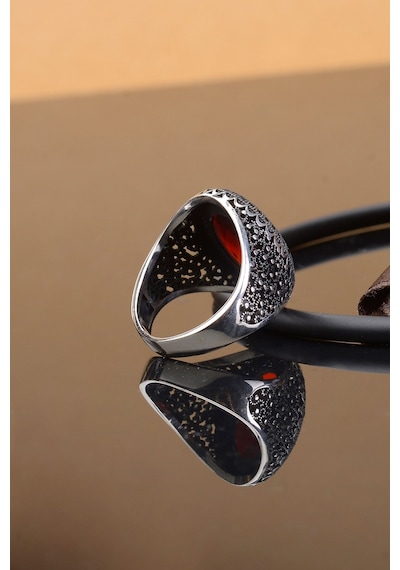 Kırmızı Zirkon Oval Taşlı 925 Ayar Gümüş Erkek Yüzük Gümüş