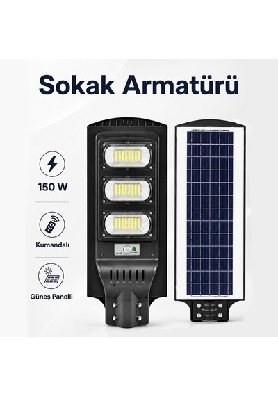 Solar Led Sokak Armatürü 150w Güneş Panelli Kumandalı Dış Mekan Bahçe Aydınlatma Lambası