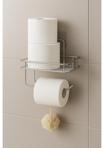 Alper Banyo Mat Siyah Güçlü Yapışkanlı Raflı Tuvalet Kağıtlığı