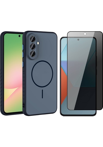 Vendas Samsung Galaxy Uyumlu A36 Kılıf M-safe Şarj Özellikli Zore Tea Kapak + Hayalet Ekran Koruyucu Lacivert