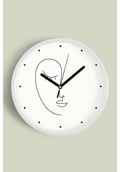 Minimalist Yüz Çizimi Desenli Modern Duvar Saati - 30cm - Önü Camlı Beyaz Kasa - Sessiz Mekanizma Beyaz