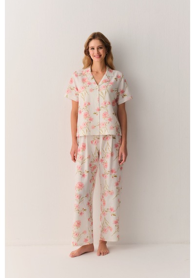 Suwen Ellen Pamuklu Gömlek Yaka Pijama Takımı Sh26517660b338 Ekru