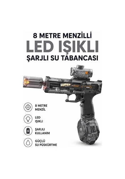 Sarjlı Otomatik Su Tabancası Led Işıklı Geniş Su Hazneli Gerçekçi Geri Tepme Efektli Uzak Menzilli Siyah