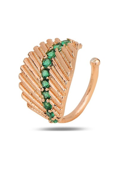 Gümüş Rose Yeşil Taşlı Yaprak Modeli Sıkıştırmalı Kıkırdak Küpe Ear Cuff