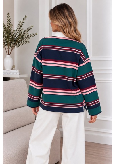 Lima Çok Renkli Kadın Yeşil Lacivert Pembe Çizgili Polo Yaka Oversize Uzun Kollu Sweatshirt Lima Çok Renkli Kadın Yeşil Lacivert Pembe Çizgili Polo Yaka Oversize Uzun Kollu Sweatshirt