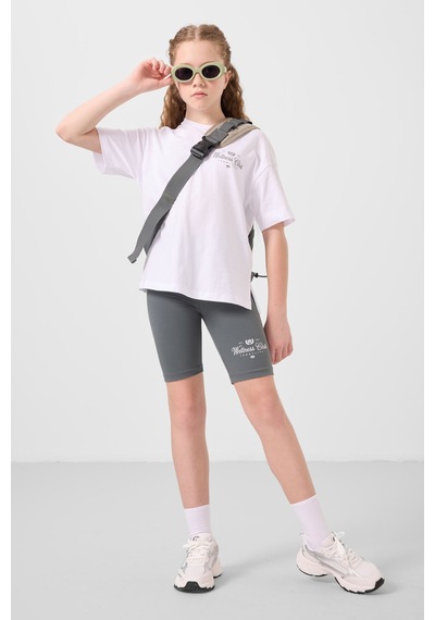 Tommylife Beyaz-haki Pamuklu O Yaka Standart Fit Baskılı Kız Çocuk Tayt Takım - 75190 Beyaz
