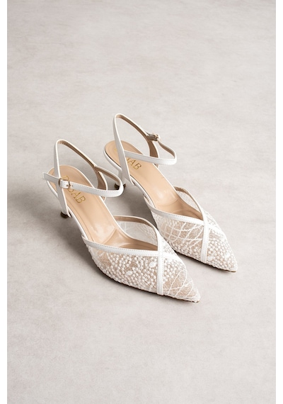 Dabab Shoes Laceva Kadın Beyaz Dantel Detaylı Sivri Burun 6 Cm Topuklu Slingback Ayakkabı