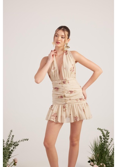 Holly Lolly Çiçekli Şifon Kumaş Mini Yolanda Elbise Bej